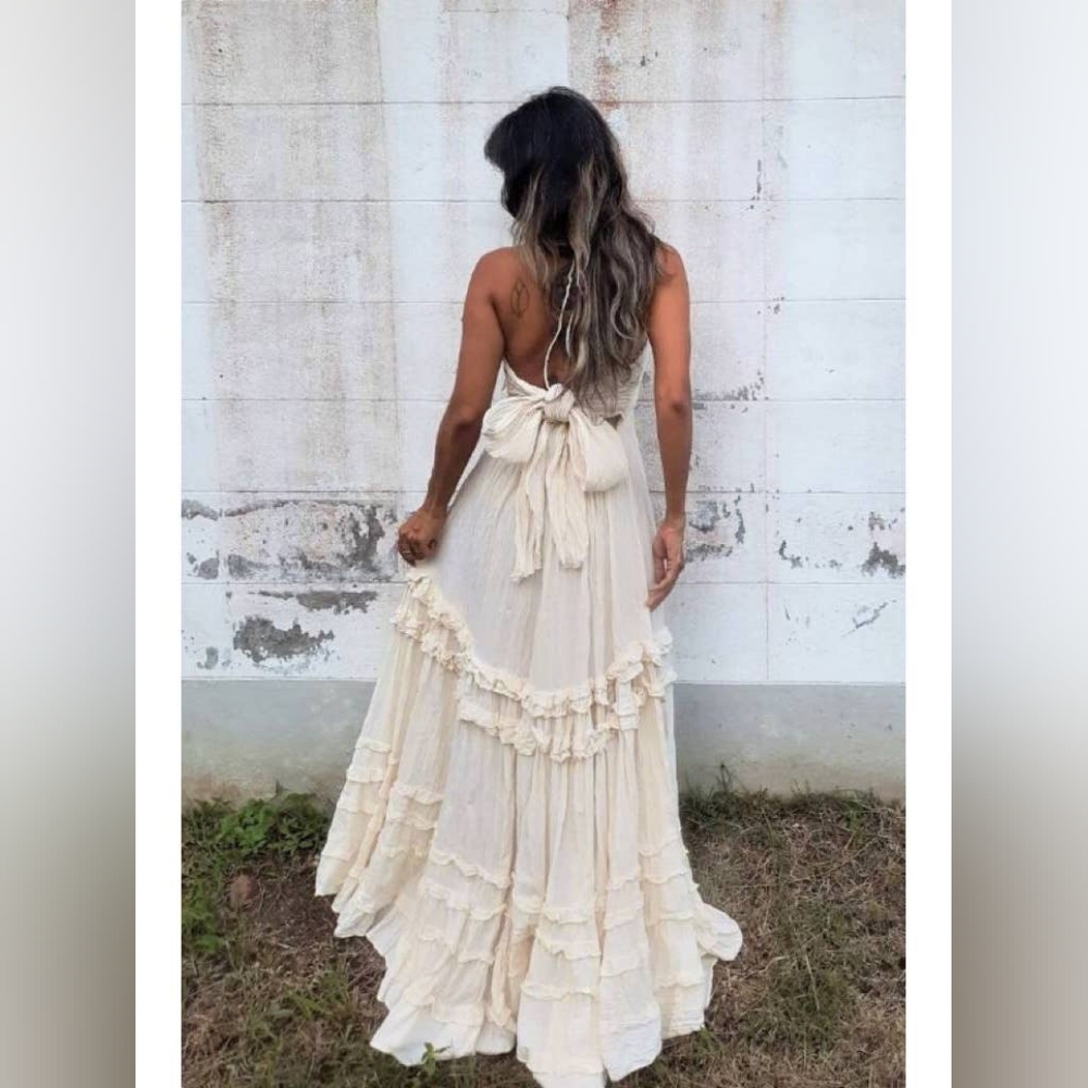 Boho Beach Resort Ruffle Halter Large Swing Flare Maxi Dress